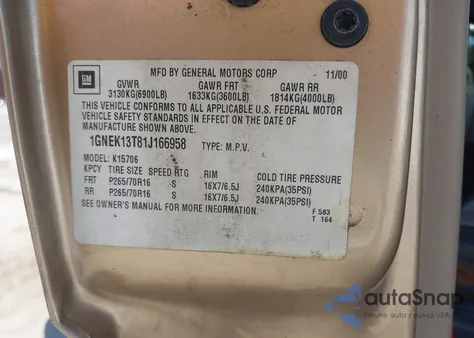 2001 Chevrolet Tahoe Lt from USA, damaged, VIN 1GNEK13T81J166958